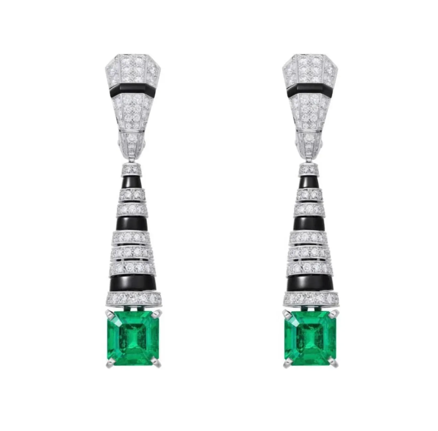 Pair of Art Deco earrings with green gemstones and black and silver accents on a white background - Ali & Eve Jewels