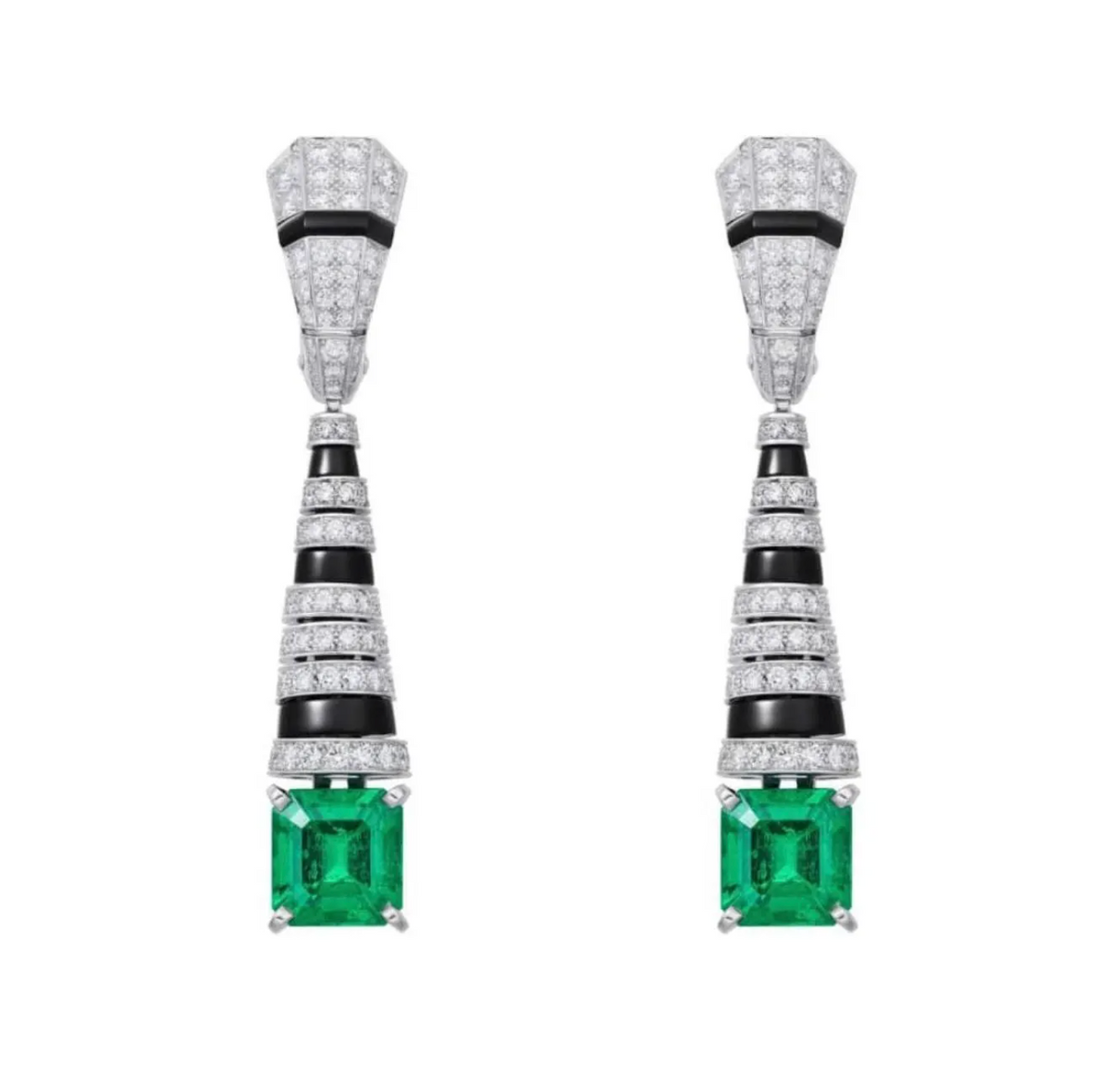Pair of Art Deco earrings with green gemstones and black and silver accents on a white background - Ali & Eve Jewels