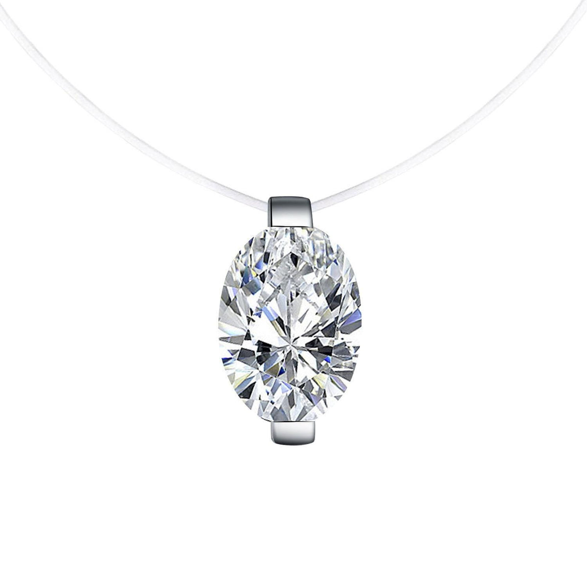 Jewelry featuring an oval-cut gemstone necklace centered against a minimalist white studio background with a multi-faceted clear brilliant stone held by silver-tone metal clasps on a thin transparent illusion cord