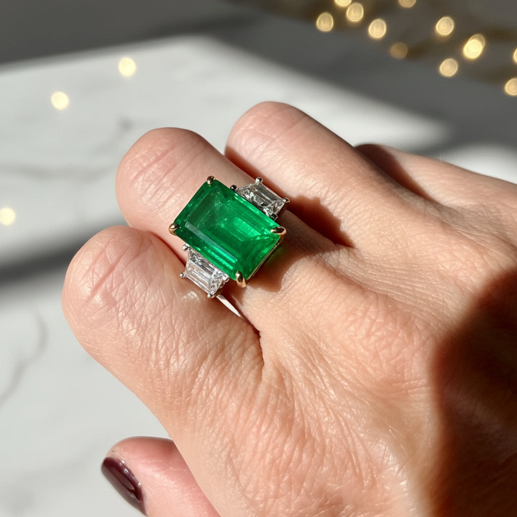 Jewelry photography of a vibrant rectangular emerald-cut green gemstone ring with two flanking baguette diamonds set in gold worn on a hand against a soft bokeh background of warm lights