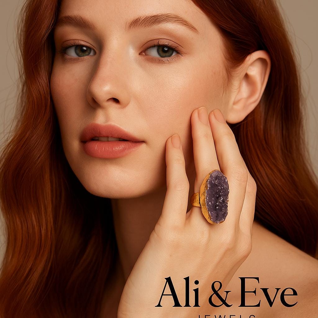 Woman wearing a large amethyst ring with 'Ali & Eve Jewels' branding.