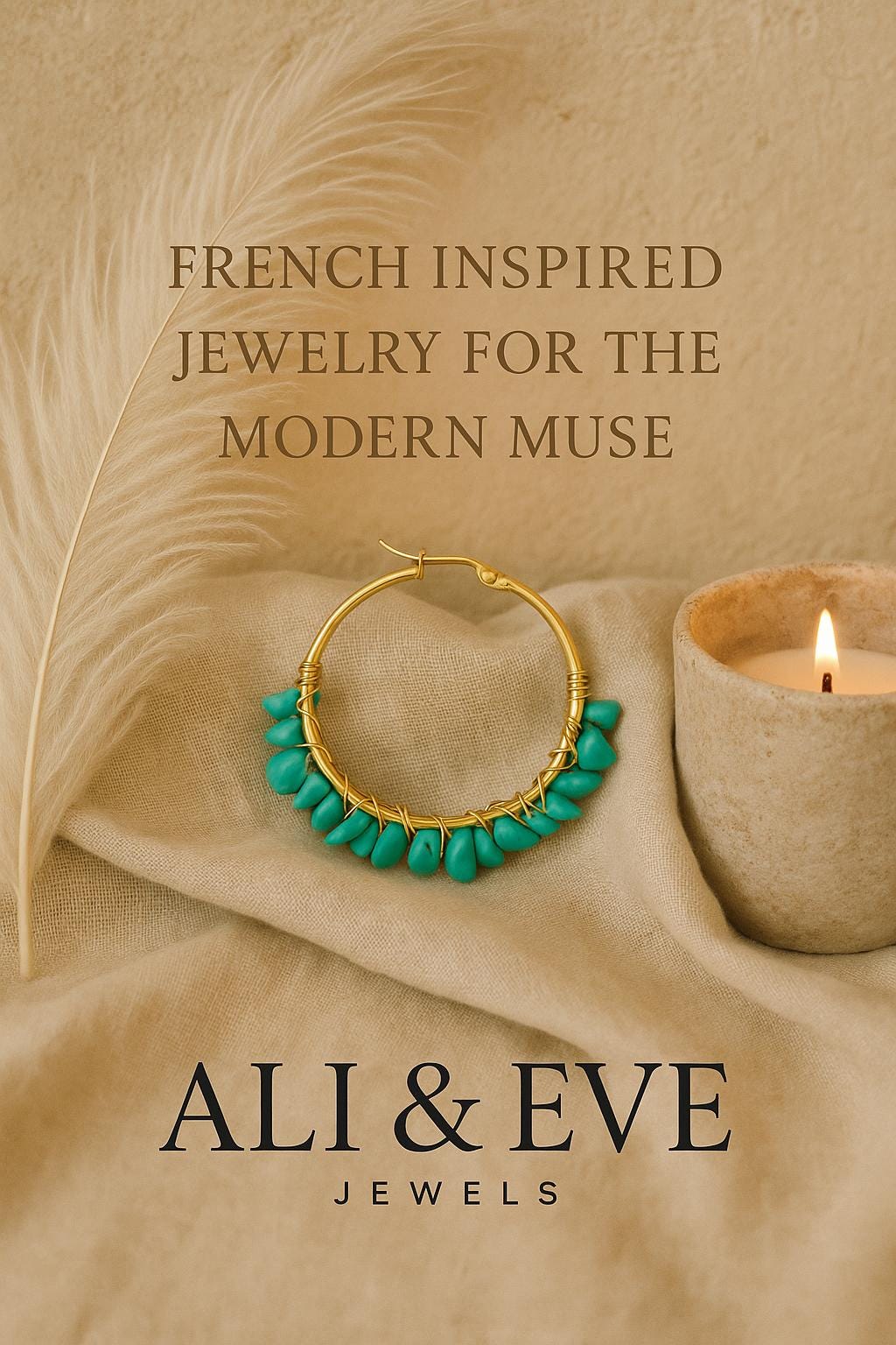 Professional product photograph for Ali & Eve Jewels featuring a gold hoop earring with vibrant turquoise teardrop beads and wire-wrapped detailing, positioned on textured neutral linen beside a glowing candle and a soft feathery plume
