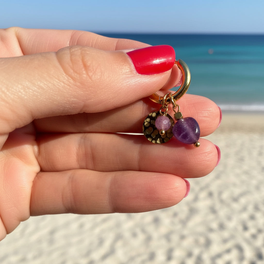 18k Golden Amethyst Charm Earrings