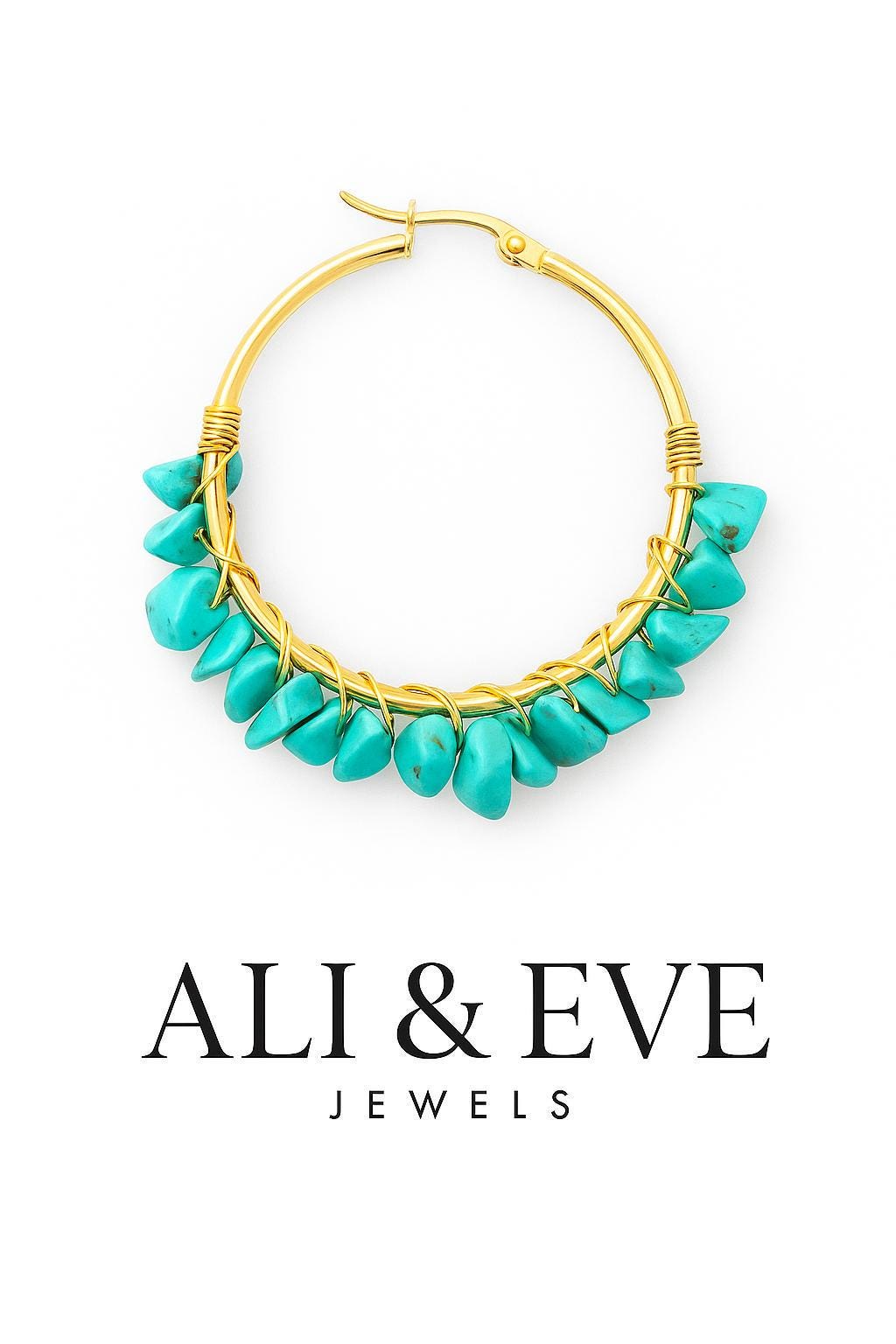 Gold and turquoise jewelry by Ali & Eve Jewels featuring a single hoop earring with vibrant blue tumbled stones and intricate wire-wrapped accents centered on a white background with the brand logo below