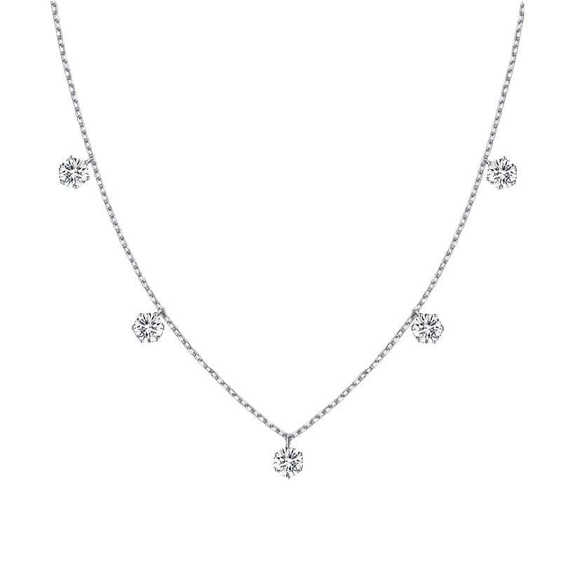 Jewelry photography of a silver five-stone diamond necklace featuring brilliant round-cut gemstones in delicate prong settings evenly spaced along a slender chain against a clean white background