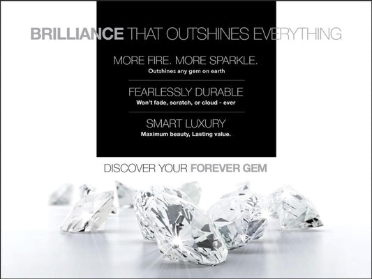 Digital graphic advertisement showcasing sparkling brilliant-cut loose gemstones on a reflective white surface featuring radiant light flares, sharp geometric facets, and a central black text block about smart luxury and durability