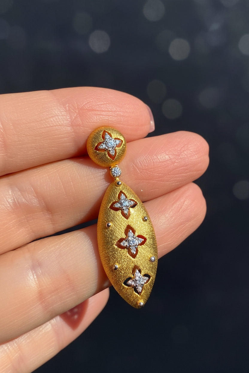 Gold earrings with star designs held between fingers against a blurred outdoor background  - Ali & Eve Jewels