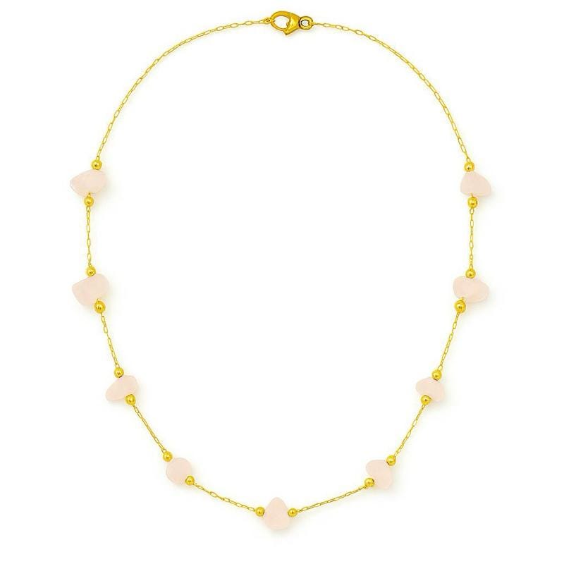 Yellow gold and rose quartz station necklace featuring irregularly shaped pale pink gemstones and small polished gold bead accents on a delicate link chain against a white background