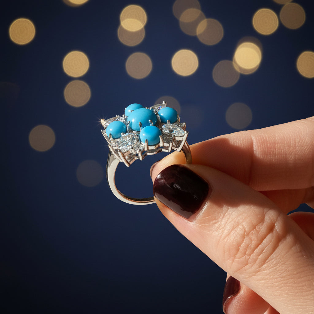 Photograph of a turquoise and diamond cluster ring held by a hand with dark burgundy nail polish against a deep blue background with warm golden bokeh lights