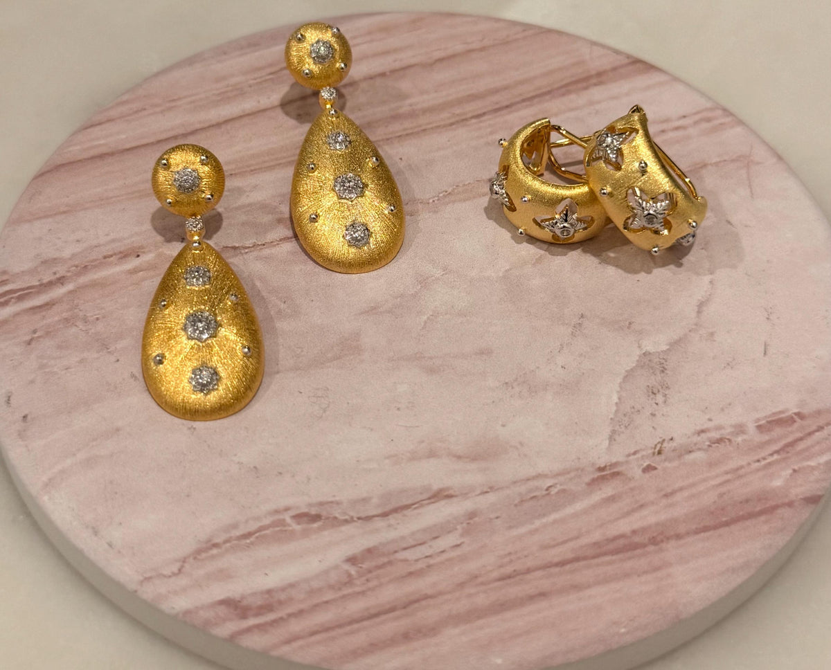 18K Gold Hand Brushed Drop Earrings, Statement Earrings