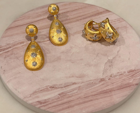 18K Gold Hand Brushed Drop Earrings, Statement Earrings