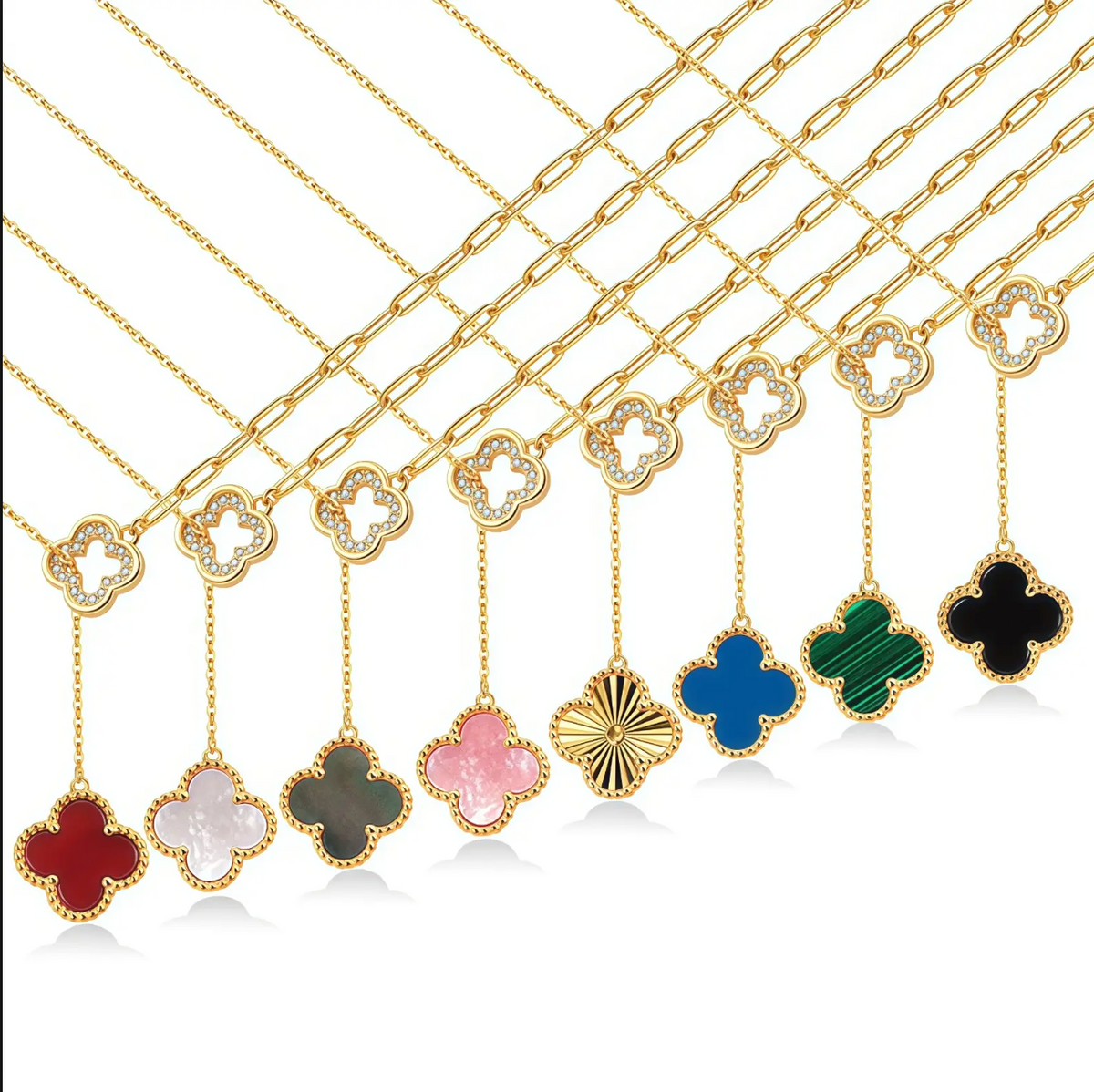 Gold necklaces with colorful clover pendants on a white background  - Ali & Eve Jewels