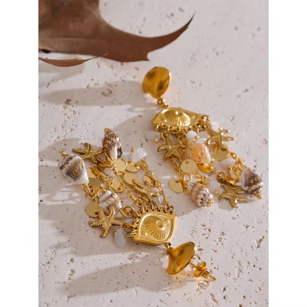 18K Gold Boho Sea Shell Statement Earrings