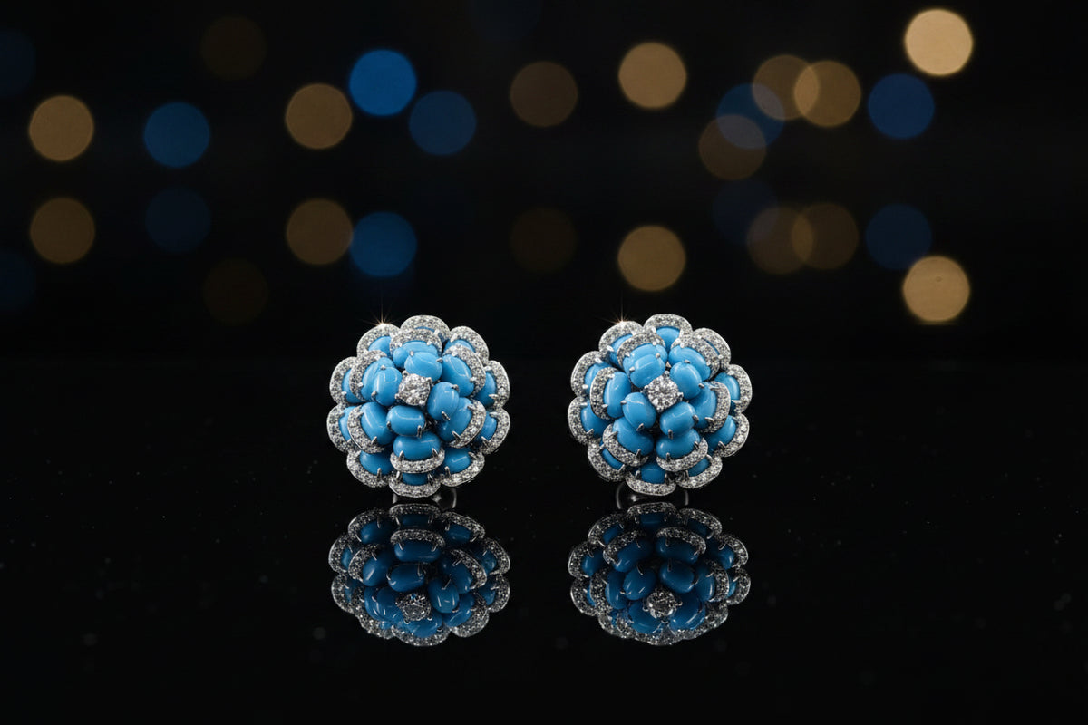 Diamond and Turquoise 18K Flower Cocktail Earrings