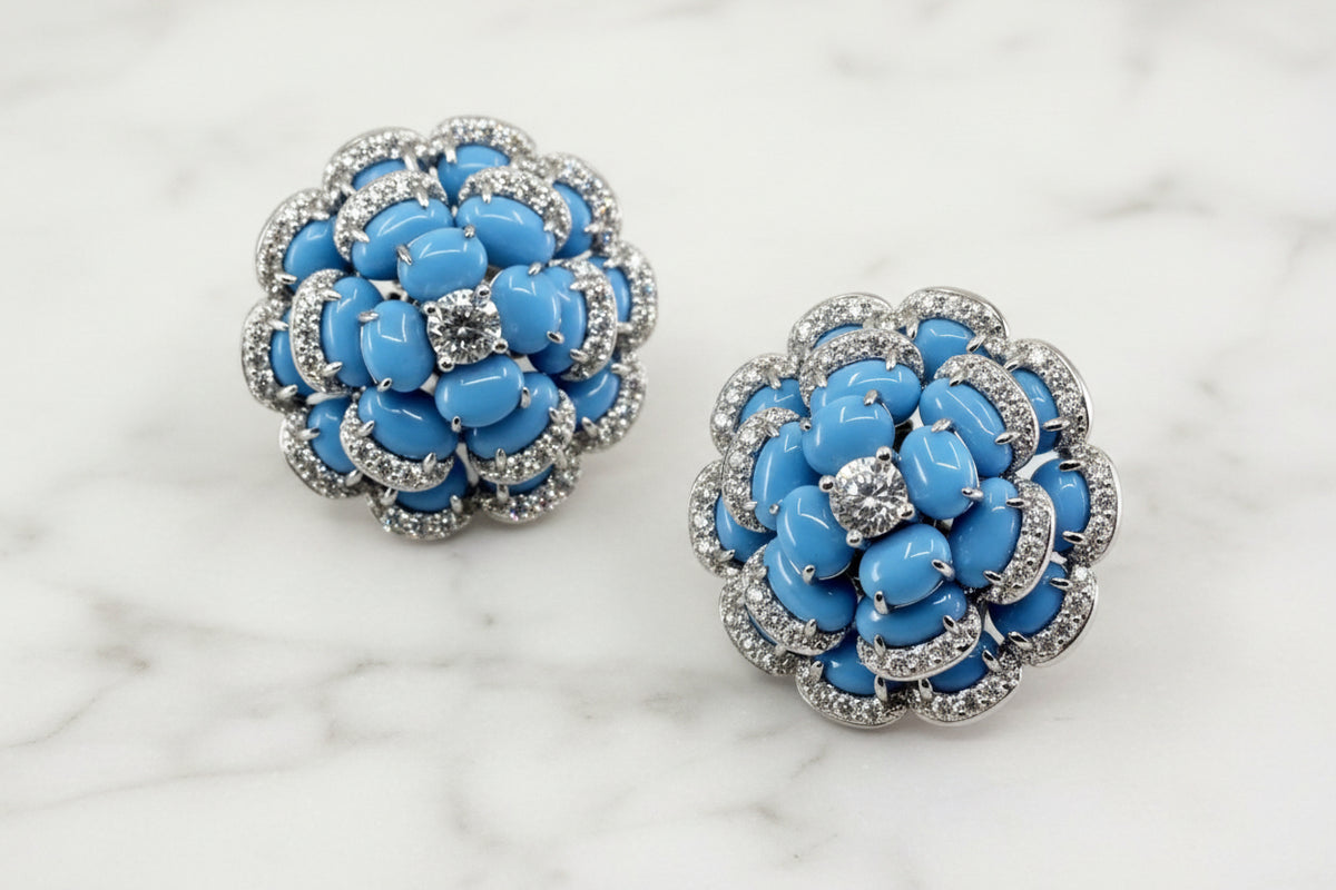 Diamond and Turquoise 18K Flower Cocktail Earrings