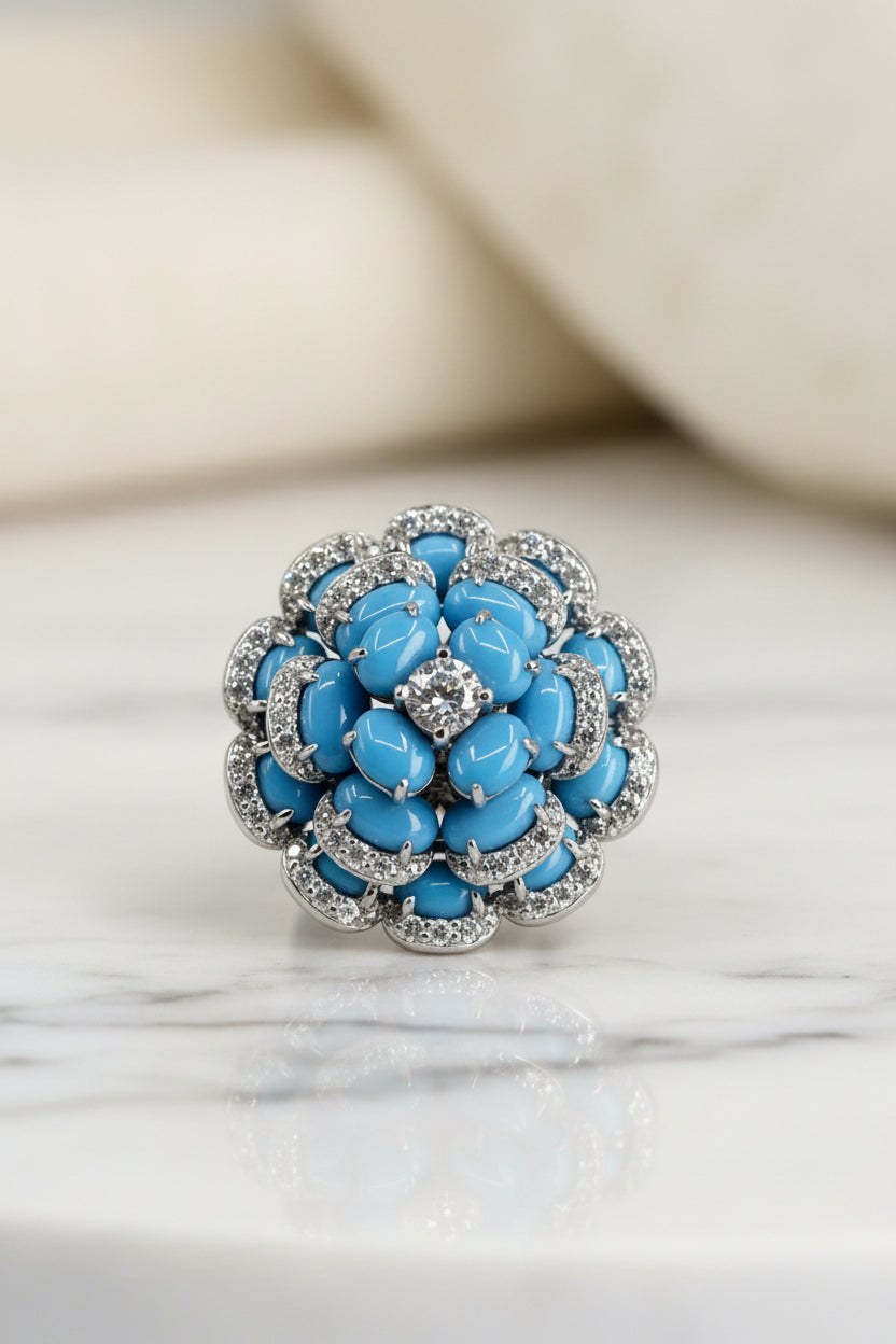 Diamond and Turquoise 18K Flower Cocktail Earrings