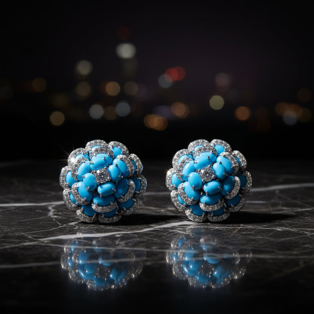 Diamond and Turquoise 18K Flower Cocktail Earrings