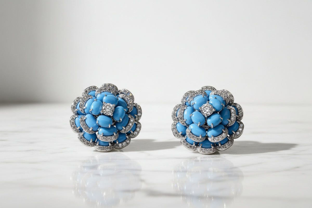 Diamond and Turquoise 18K Flower Cocktail Earrings