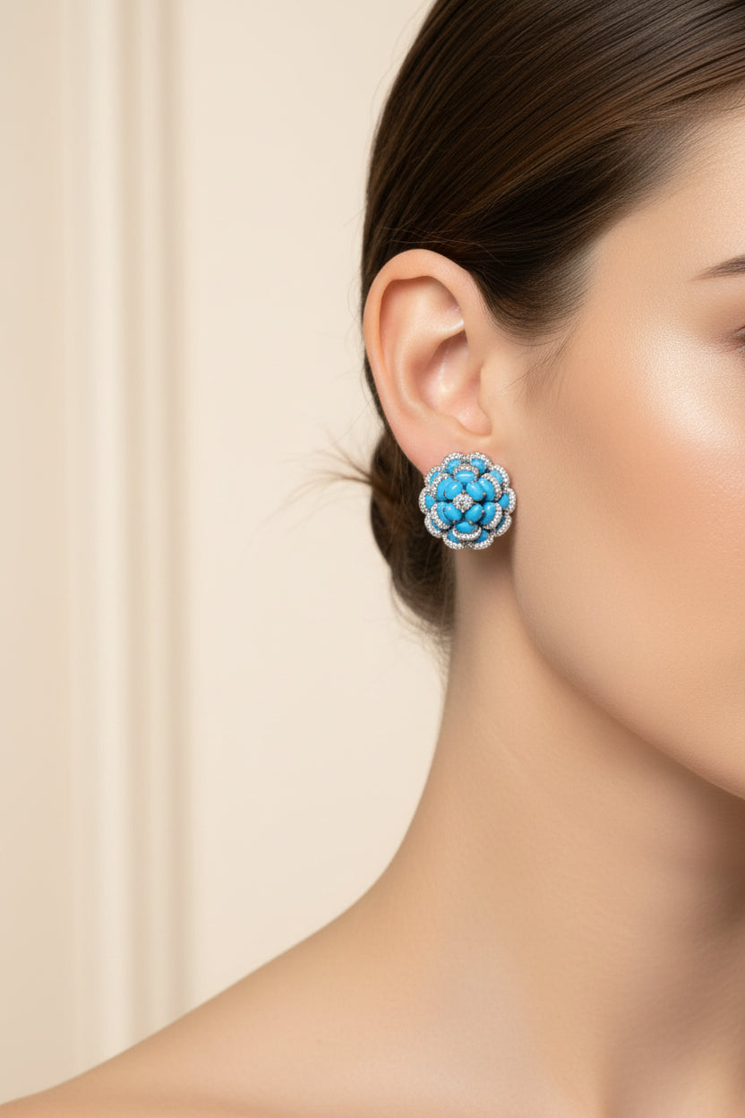 Diamond and Turquoise 18K Flower Cocktail Earrings