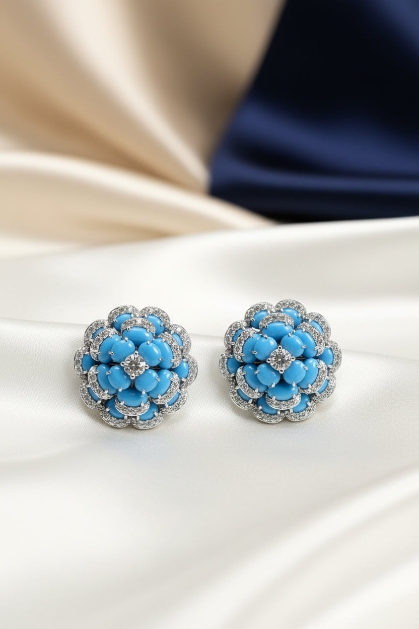 Diamond and Turquoise 18K Flower Cocktail Earrings