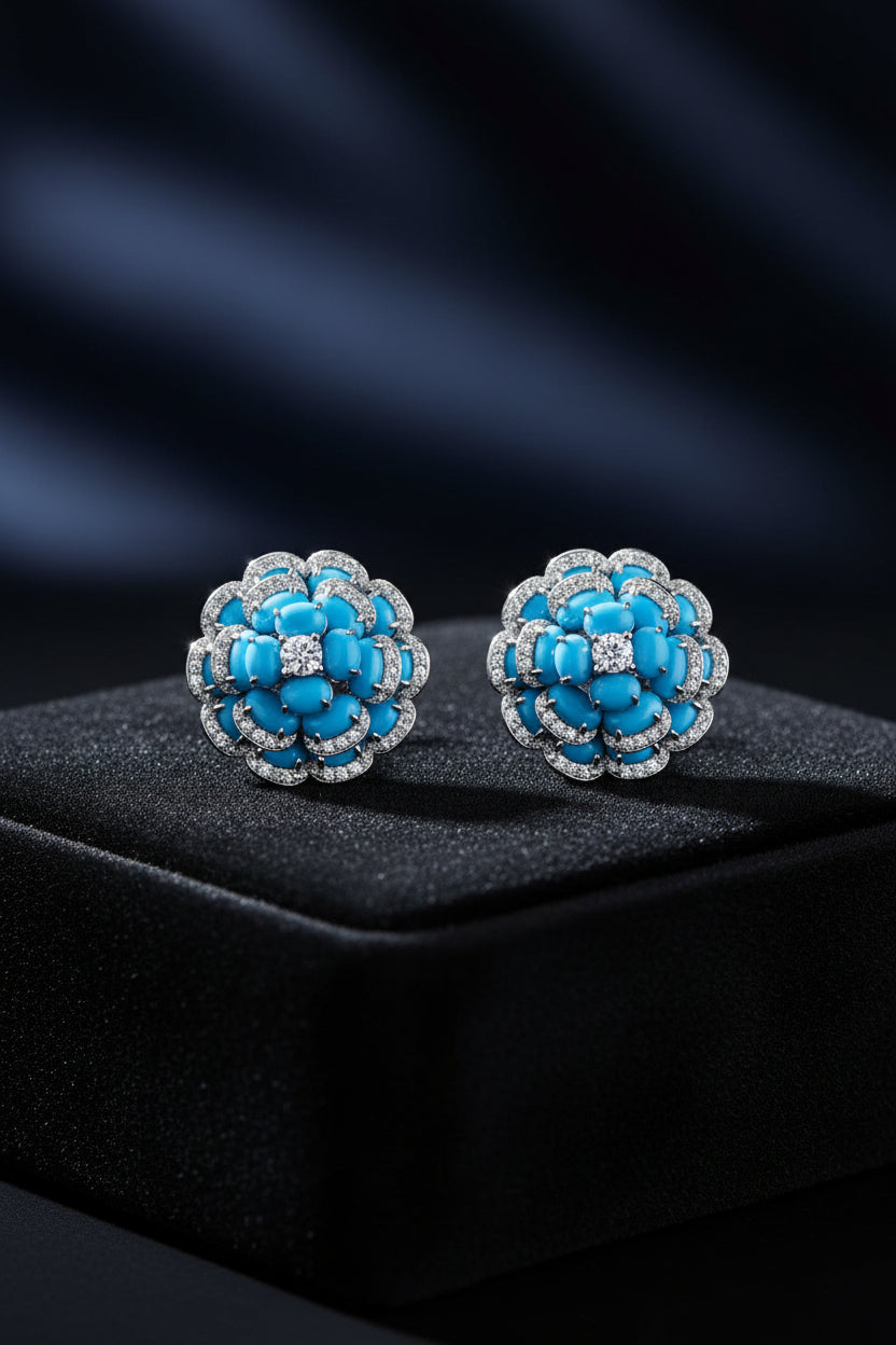Diamond and Turquoise 18K Flower Cocktail Earrings