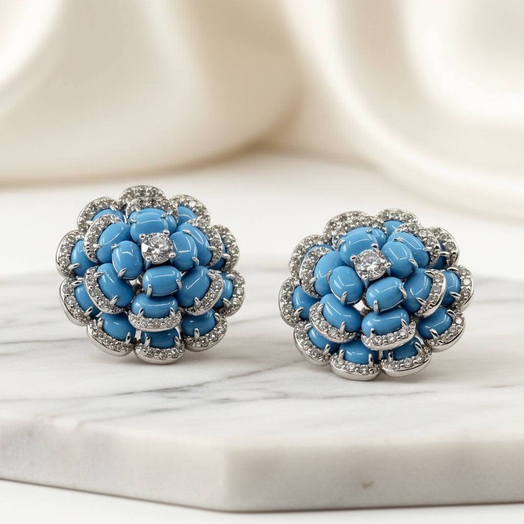 Diamond and Turquoise 18K Flower Cocktail Earrings