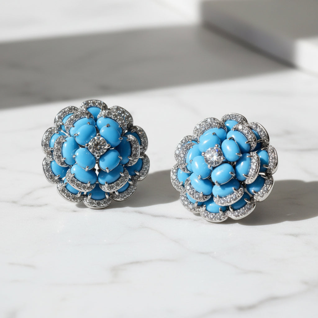 Diamond and Turquoise 18K Flower Cocktail Earrings
