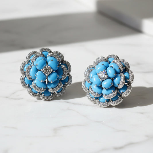 Diamond and Turquoise 18K Flower Cocktail Earrings