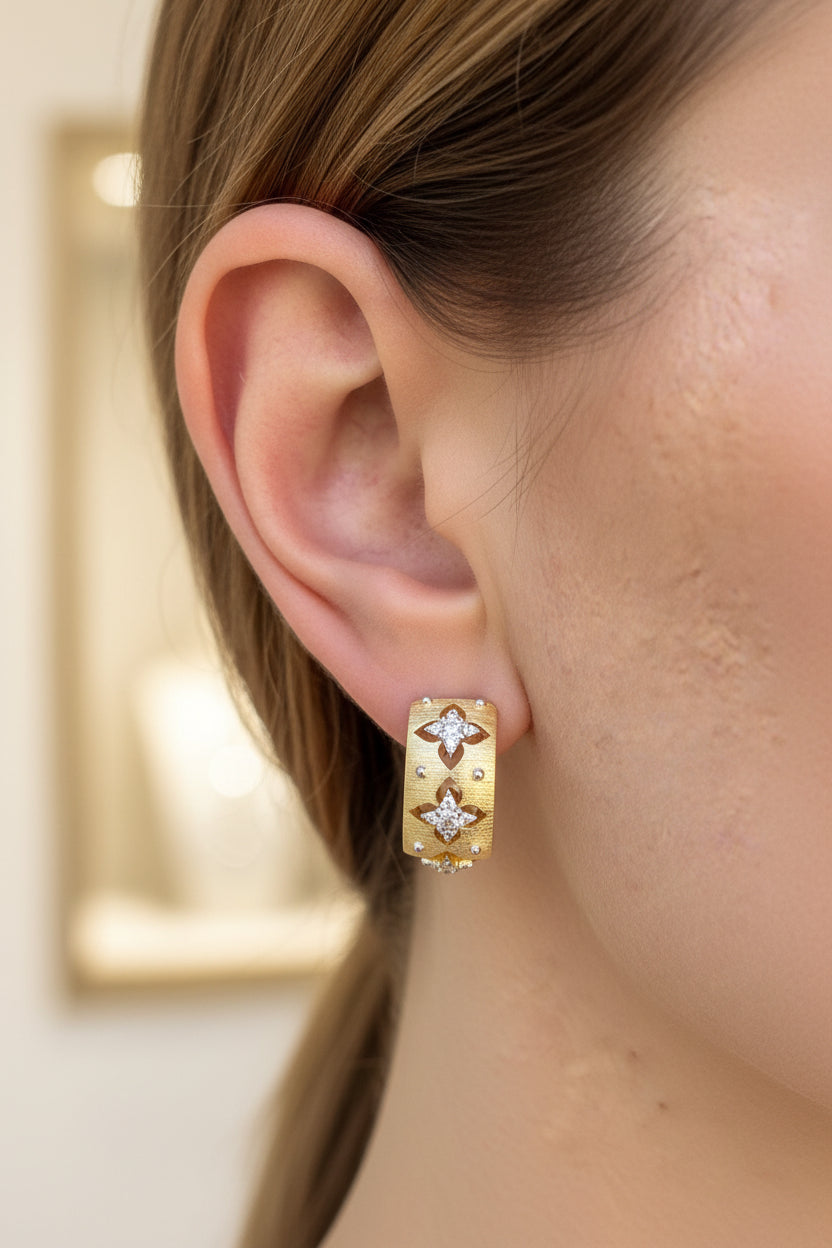 Gold earring with a diamond on an ear