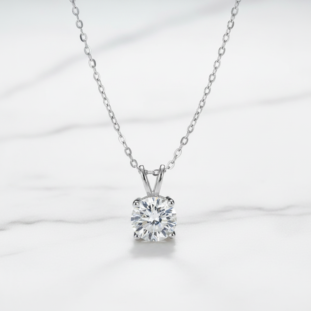 Moissanite Solitaire Necklace on light grey background