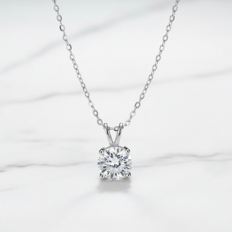 Moissanite Solitaire Necklace on light grey background