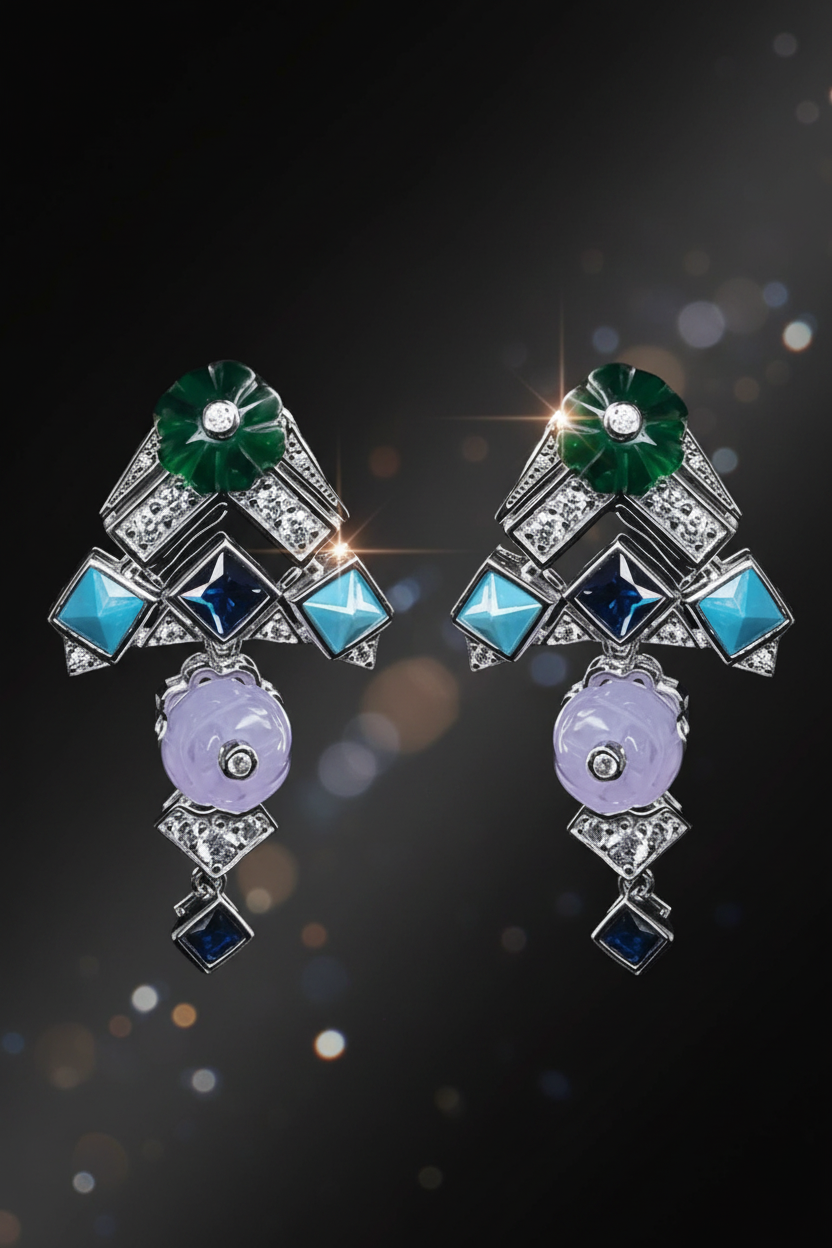 Pair of ornate earrings with gemstones on a black background  - Ali & Eve Jewels