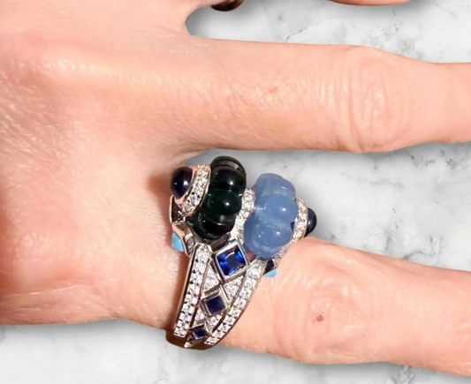 Decorative ring with blue, black and diamond gemstones -  - Ali & Eve Jewels