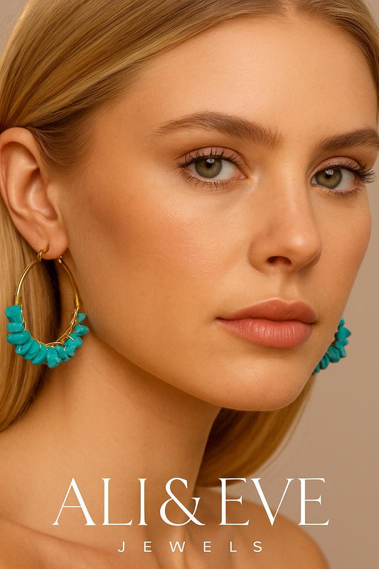 Digital photography by Ali & Eve Jewels features a close-up studio portrait of a blonde woman wearing gold hoop earrings with vibrant turquoise chips and a prominent white brand logo at the bottom