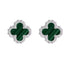 Pair of green clover-shaped earrings with diamond-like accents on a white background - Ali & Eve Jewels