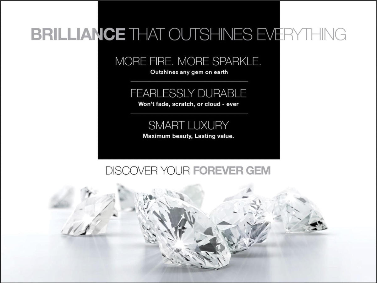 Commercial digital advertisement featuring multiple faceted loose gemstones scattered on a reflective white surface against a minimalist black and white backdrop with bold promotional text and showcasing sharp geometric facets and sparkling light glints