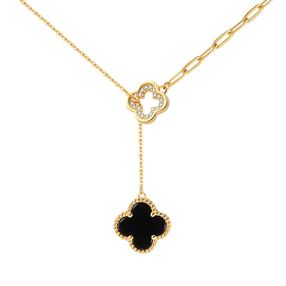 Gold necklace with clover-shaped black onyx  pendant on a white background