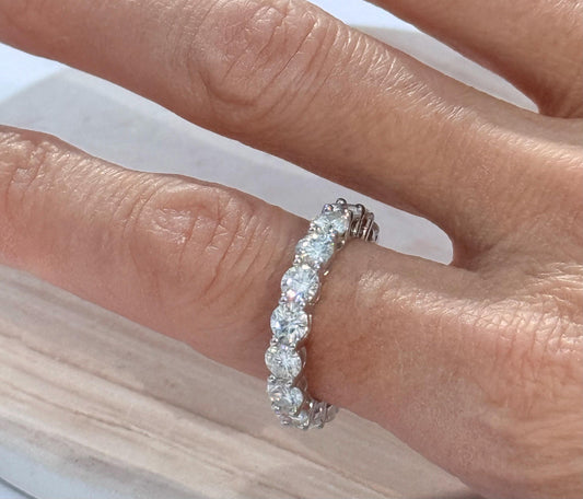 Photograph of a diamond eternity ring worn on a person's finger featuring round brilliant-cut stones in a prong setting with shimmering facets and prismatic light dispersion against a light wood background