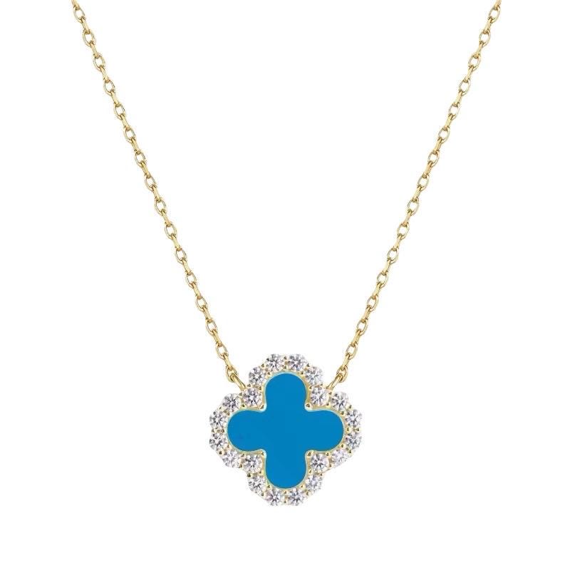 18k gold Van Cleef & Arpels necklace featuring the iconic Alhambra four-leaf clover pendant with a vibrant turquoise center and a shimmering pavé-set diamond halo on a delicate link chain