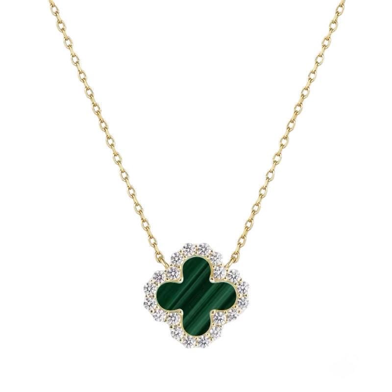 18k yellow gold necklace by Van Cleef & Arpels featuring a centered Alhambra motif pendant with a banded green malachite inlay and a sparkling round diamond border