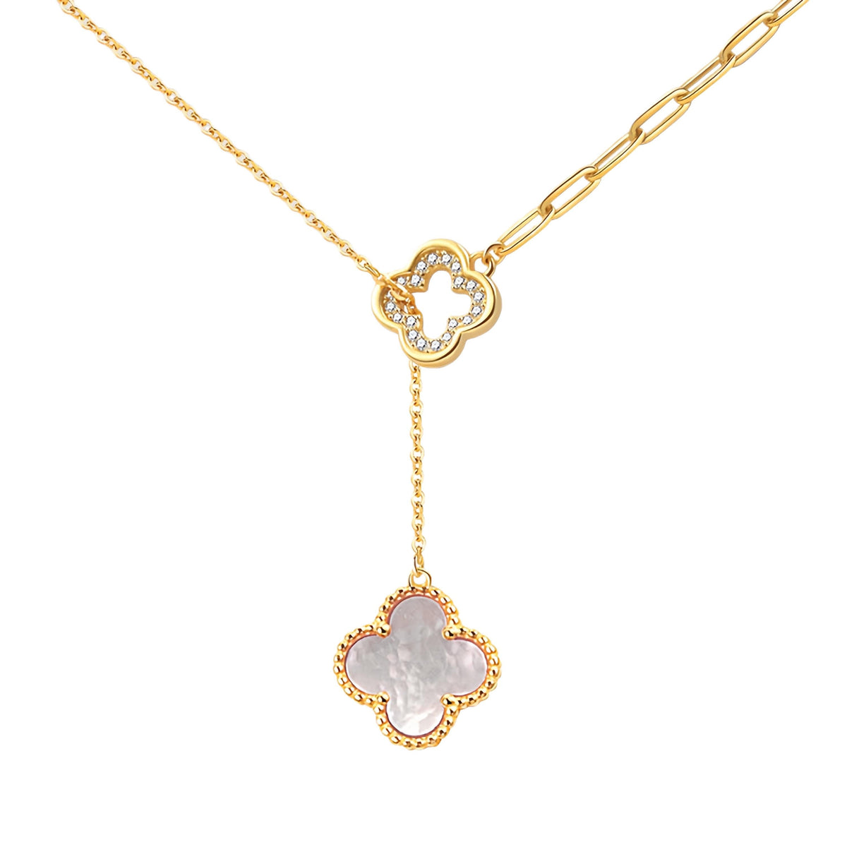 Gold necklace with clover-shaped mother of pearl pendant on a white background